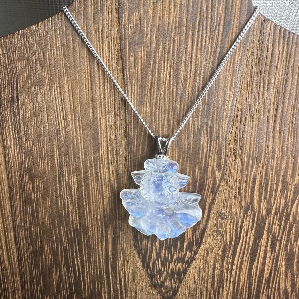 Blue Flash Moonstone Goldfish Pendant Necklace on Sterling Silver Box Chain - Picture 9 of 15